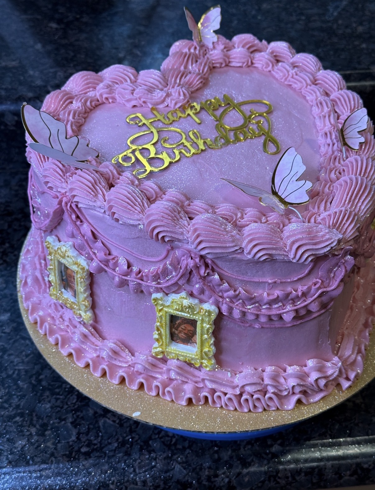Pink vintage buttercream birthday cake with butterflies by Maya Makes Magic